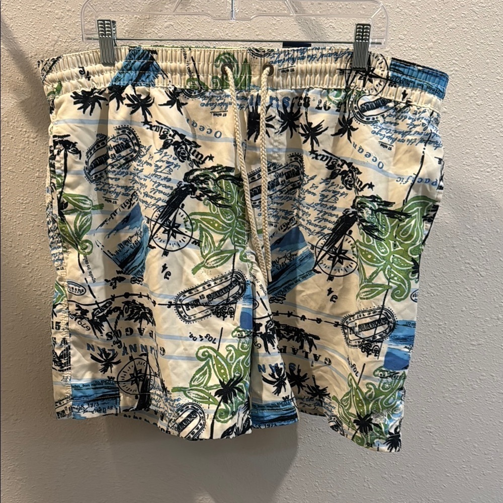 Caribbean Joe Green and Blue Swim Trunks Tropical Print